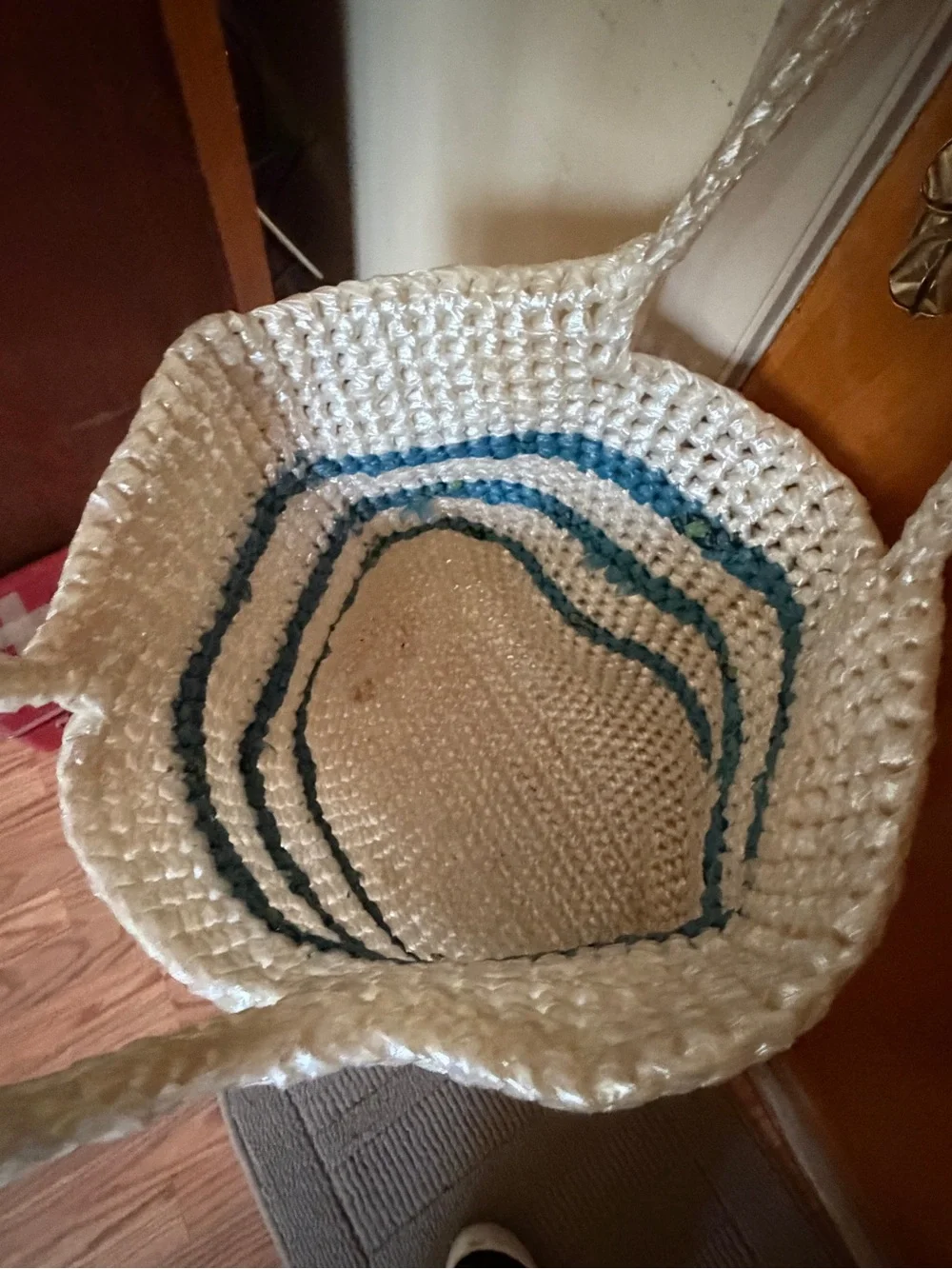 Handwoven with plastic Cream and Blue Striped Tote Bag